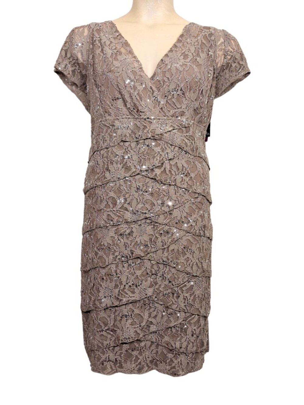 SCARLETT NITE Lace Sequin Dress Elegant V Neck Dress Taupe Brown 16W NWT